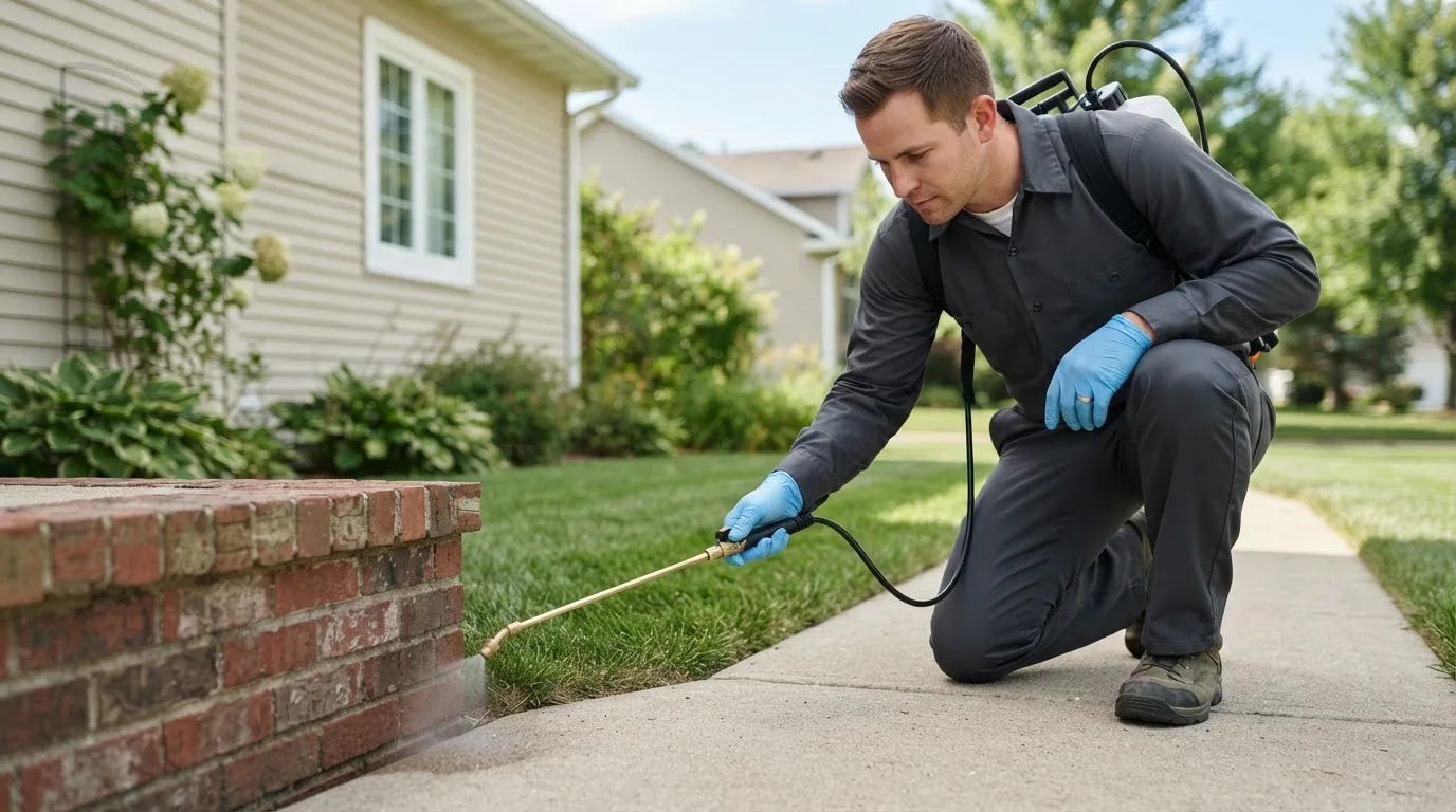 Pest control technician treating a home near Syracuse, KS